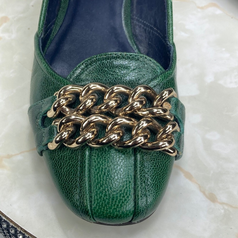 Tory Burch Chain Link Pebbled Leather Loafer Flats Womens 7.5 Green Gold Accent - Picture 2 of 5